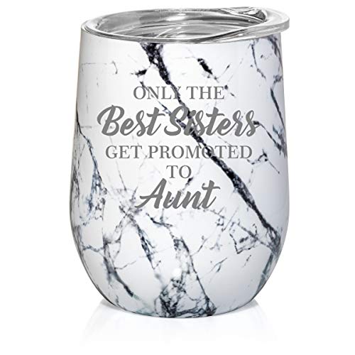 12 oz Double Wall Vacuum Insulated Stainless Steel Marble Stemless Wine Tumbler Glass Coffee Travel Mug With Lid The Best Sisters Get Promoted To Aunt (Black White Marble)