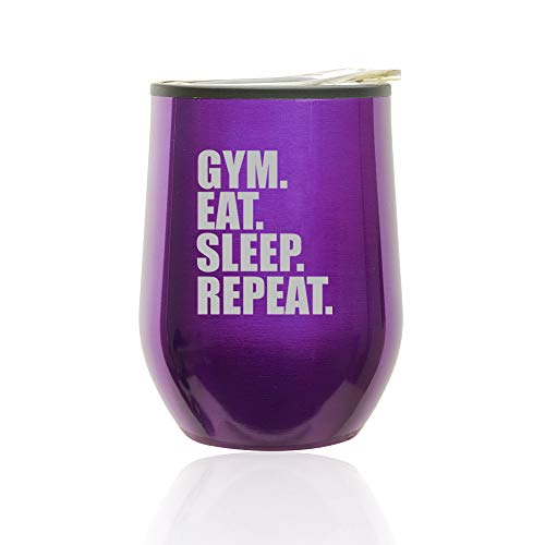 Stemless Wine Tumbler Coffee Travel Mug Glass With Lid Gym Eat Sleep Repeat (Royal Purple)