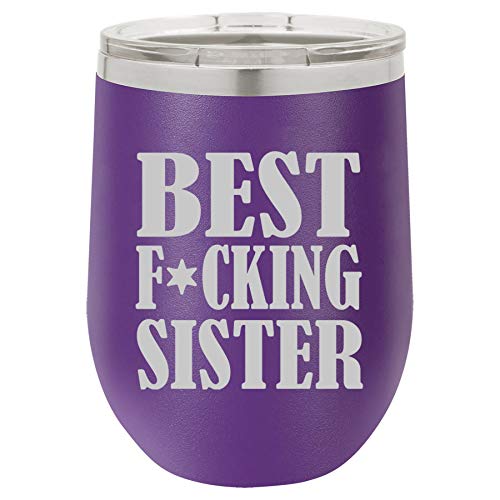 12 oz Double Wall Vacuum Insulated Stainless Steel Stemless Wine Tumbler Glass Coffee Travel Mug With Lid Best F cking Sister (Purple)