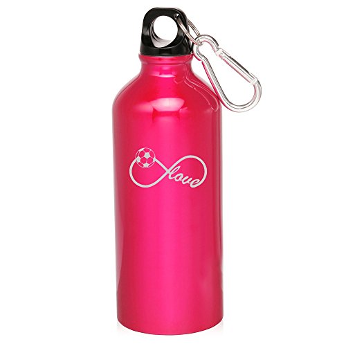 20oz Aluminum Sports Water Bottle Caribiner Clip Infinity Love for Soccer (Hot Pink)