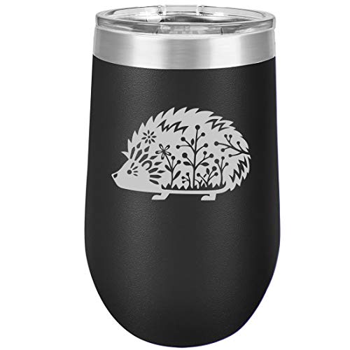 16 oz Double Wall Vacuum Insulated Stainless Steel Stemless Wine Tumbler Glass Coffee Travel Mug With Lid Fancy Hedgehog (Black)