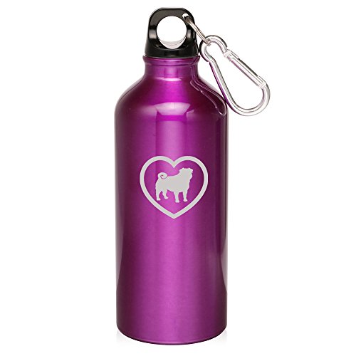 20oz Aluminum Sports Water Bottle Caribiner Clip Pug Heart (Purple)