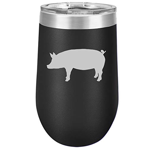 16 oz Double Wall Vacuum Insulated Stainless Steel Stemless Wine Tumbler Glass Coffee Travel Mug With Lid Pig (Black)
