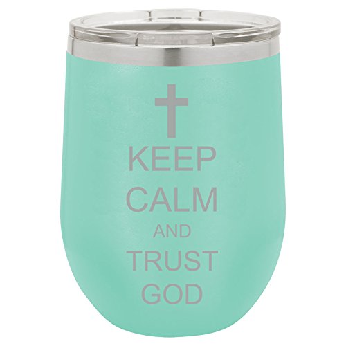 12 oz Double Wall Vacuum Insulated Stainless Steel Stemless Wine Tumbler Glass Coffee Travel Mug With Lid Keep Calm And Trust God Cross (Teal)