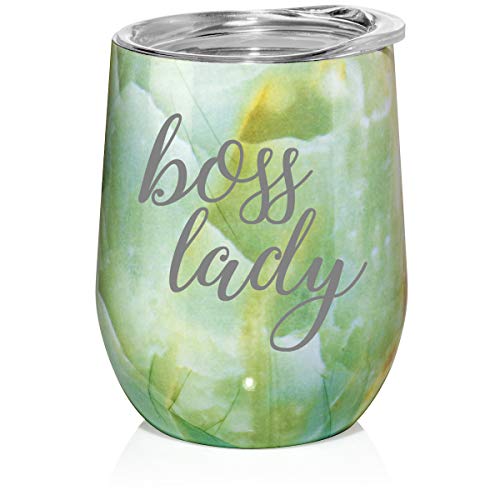 12 oz Double Wall Vacuum Insulated Stainless Steel Marble Stemless Wine Tumbler Glass Coffee Travel Mug With Lid Boss Lady (Turquoise Green Marble)