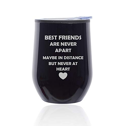 Stemless Wine Tumbler Coffee Travel Mug Glass With Lid Best Friends Long Distance Love (Midnight Black)