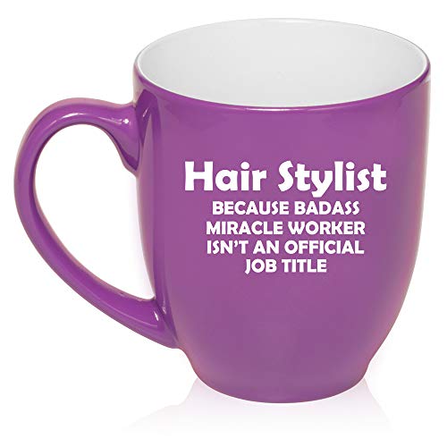16 oz Large Bistro Mug Ceramic Coffee Tea Glass Cup Hair Stylist Miracle Worker Job Title Funny (Purple)