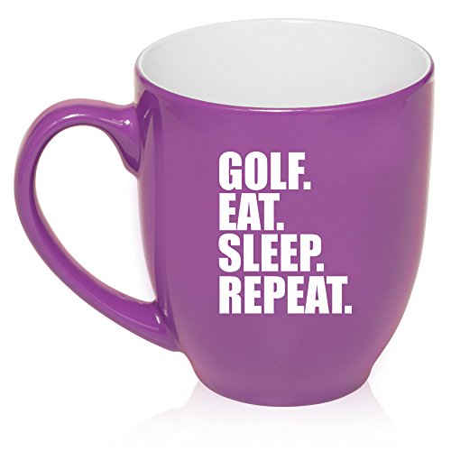 16 oz Large Bistro Mug Ceramic Coffee Tea Glass Cup Golf Eat Sleep Repeat (Purple)