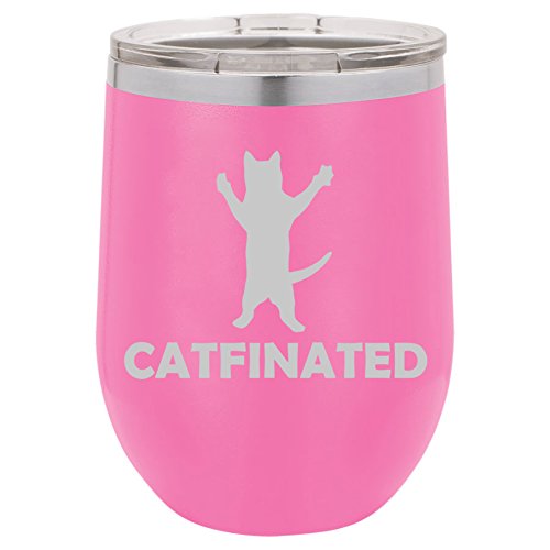 12 oz Double Wall Vacuum Insulated Stainless Steel Stemless Wine Tumbler Glass Coffee Travel Mug With Lid Catfinated Funny Cat Caffeine (Hot-Pink)