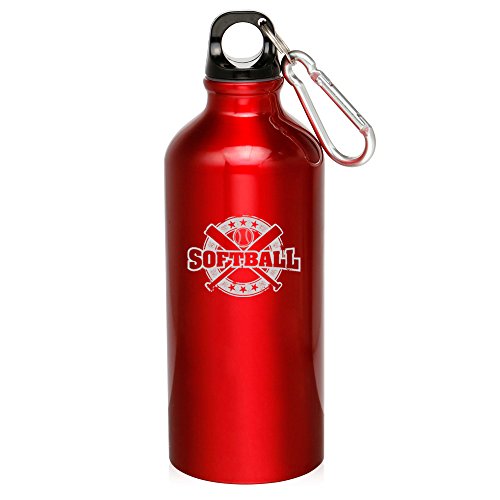 20oz Aluminum Sports Water Bottle Caribiner Clip Softball Vintage (Red)