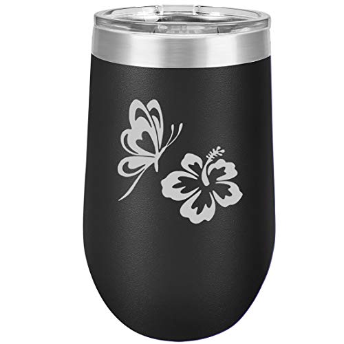 16 oz Double Wall Vacuum Insulated Stainless Steel Stemless Wine Tumbler Glass Coffee Travel Mug With Lid Butterfly And Hibiscus (Black)
