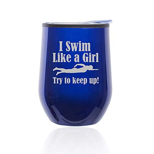 Stemless Wine Tumbler Coffee Travel Mug Glass With Lid Swim Like A Girl (Blue)