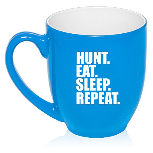 16 oz Large Bistro Mug Ceramic Coffee Tea Glass Cup Hunt Eat Sleep Repeat Hunting (Light Blue)