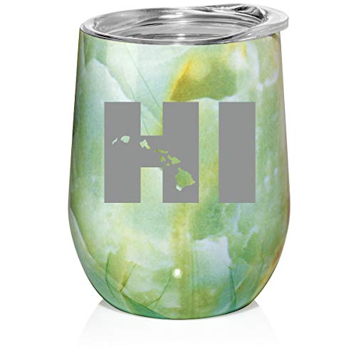 12 oz Double Wall Vacuum Insulated Stainless Steel Marble Stemless Wine Tumbler Glass Coffee Travel Mug With Lid HI Hawaiian Islands Hawaii (Turquoise Green Marble)