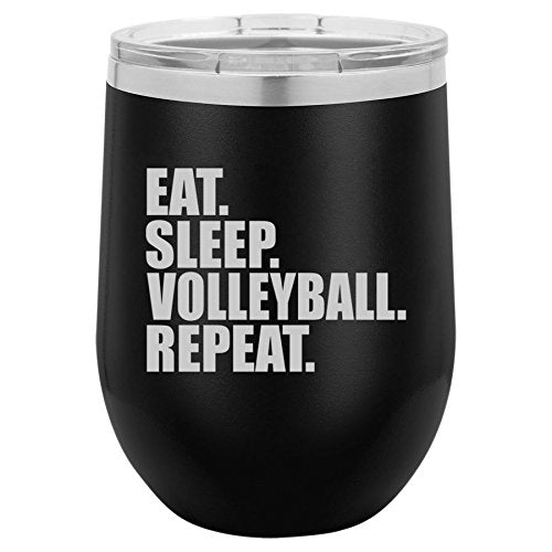 12 oz Double Wall Vacuum Insulated Stainless Steel Stemless Wine Tumbler Glass Coffee Travel Mug With Lid Eat Sleep Volleyball Repeat (Black)