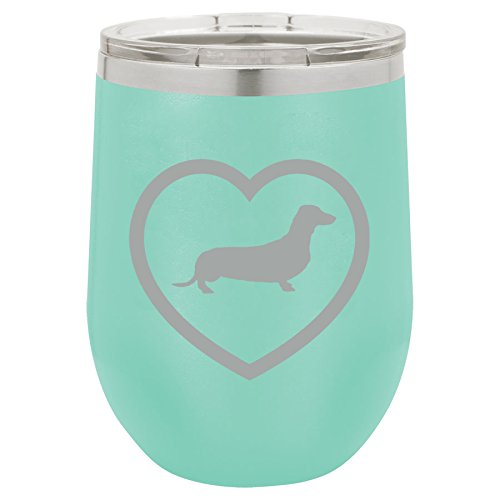 12 oz Double Wall Vacuum Insulated Stainless Steel Stemless Wine Tumbler Glass Coffee Travel Mug With Lid Dachshund Heart (Teal)