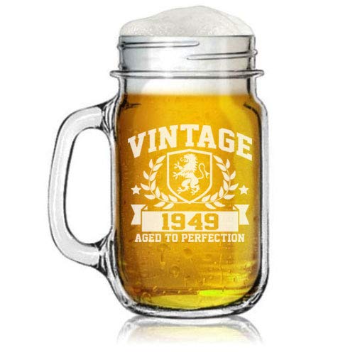 16oz Mason Jar Glass Mug w/Handle Vintage Aged To Perfection 1949 70th Birthday