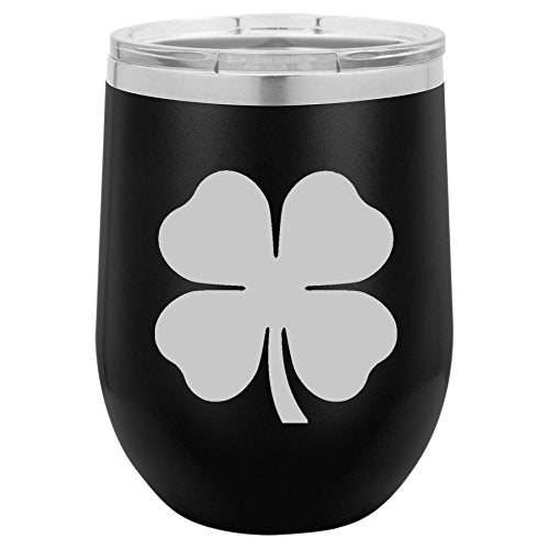 12 oz Double Wall Vacuum Insulated Stainless Steel Stemless Wine Tumbler Glass Coffee Travel Mug With Lid 4 Leaf Clover Shamrock (Black)