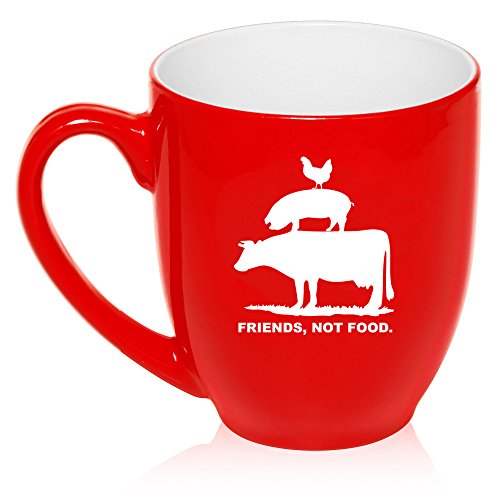 16 oz Large Bistro Mug Ceramic Coffee Tea Glass Cup Friends, Not Food Vegan Farm Animal Rights (Red)