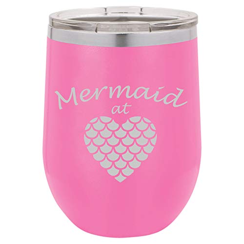 12 oz Double Wall Vacuum Insulated Stainless Steel Stemless Wine Tumbler Glass Coffee Travel Mug With Lid Mermaid At Heart (Hot-Pink)