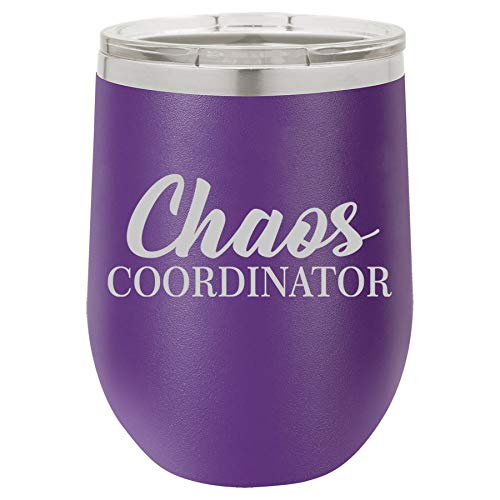 12 oz Double Wall Vacuum Insulated Stainless Steel Stemless Wine Tumbler Glass Coffee Travel Mug With Lid Chaos Coordinator Mom Mother Teacher (Purple)