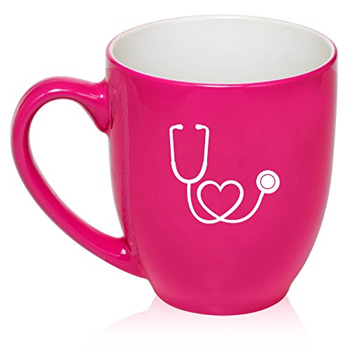 16 oz Hot Pink Large Bistro Mug Ceramic Coffee Tea Glass Cup Heart Stethoscope Nurse Doctor
