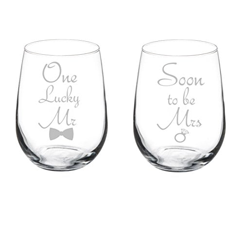 Set of 2 Wine Glasses Wedding Engagement Soon to be Mrs. One Lucky Mr. (17 oz Stemless)