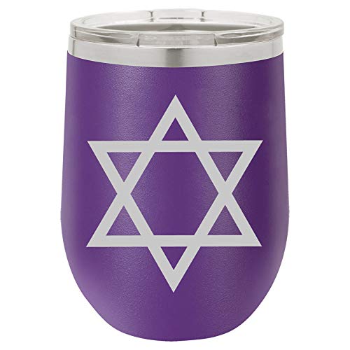 12 oz Double Wall Vacuum Insulated Stainless Steel Stemless Wine Tumbler Glass Coffee Travel Mug With Lid Jewish Star Of David (Purple)