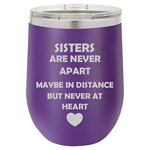 12 oz Double Wall Vacuum Insulated Stainless Steel Stemless Wine Tumbler Glass Coffee Travel Mug With Lid Sisters Long Distance Love (Purple)