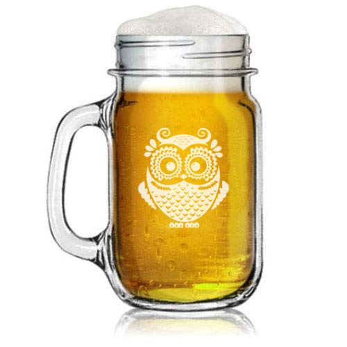 16oz Mason Jar Glass Mug w/Handle Owl Vintage