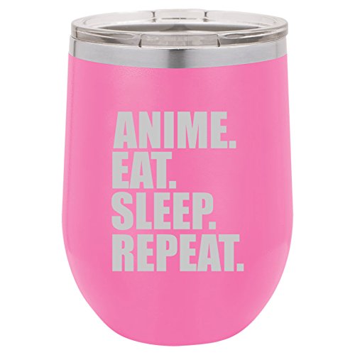 12 oz Double Wall Vacuum Insulated Stainless Steel Stemless Wine Tumbler Glass Coffee Travel Mug With Lid Anime Eat Sleep Repeat (Hot-Pink)