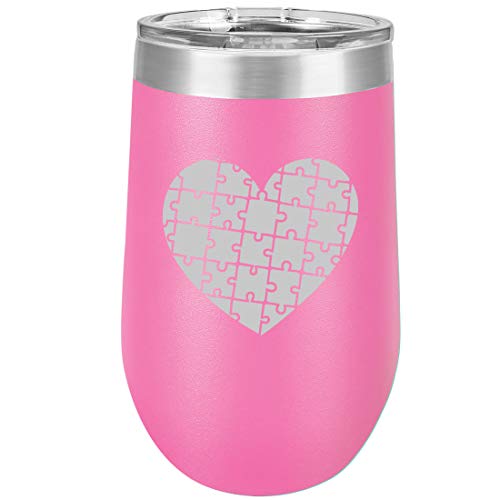 16 oz Double Wall Vacuum Insulated Stainless Steel Stemless Wine Tumbler Glass Coffee Travel Mug With Lid Heart Puzzle Autism (Hot Pink)