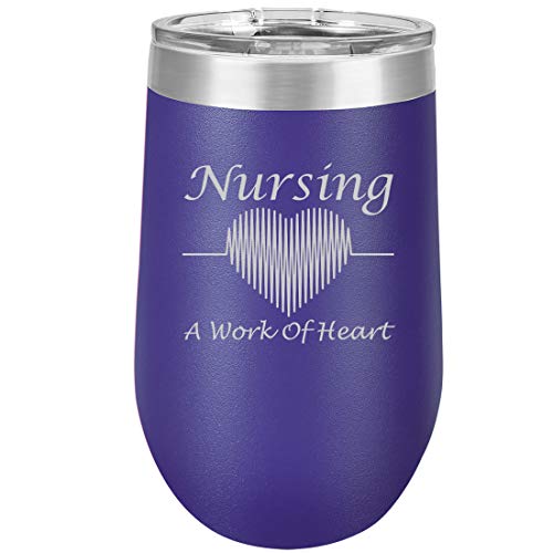 16 oz Double Wall Vacuum Insulated Stainless Steel Stemless Wine Tumbler Glass Coffee Travel Mug With Lid Nursing A Work Of Heart Nurse (Purple)