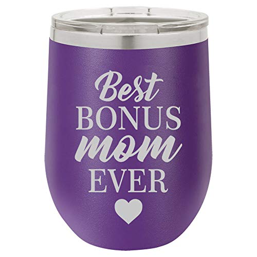 12 oz Double Wall Vacuum Insulated Stainless Steel Stemless Wine Tumbler Glass Coffee Travel Mug With Lid Best Bonus Mom Ever Step Mom Mother (Purple)