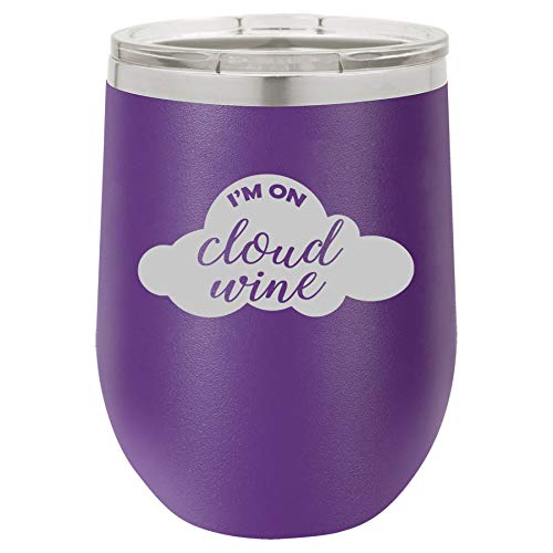 12 oz Double Wall Vacuum Insulated Stainless Steel Stemless Wine Tumbler Glass Coffee Travel Mug With Lid I'm On Cloud Wine Funny (Purple)