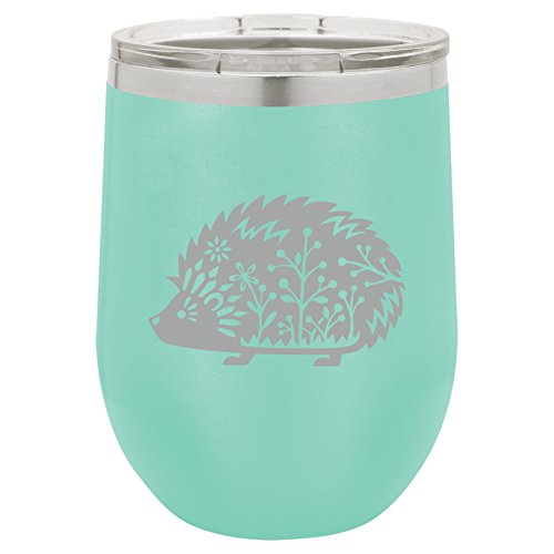 12 oz Double Wall Vacuum Insulated Stainless Steel Stemless Wine Tumbler Glass Coffee Travel Mug With Lid Fancy Hedgehog (Teal)