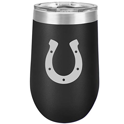 16 oz Double Wall Vacuum Insulated Stainless Steel Stemless Wine Tumbler Glass Coffee Travel Mug With Lid Horseshoe (Black)