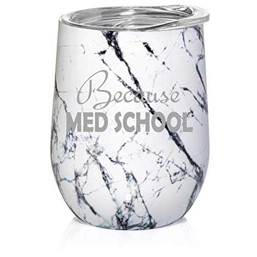 12 oz Double Wall Vacuum Insulated Stainless Steel Marble Stemless Wine Tumbler Glass Coffee Travel Mug With Lid Because Med School Student Funny (Black White Marble)