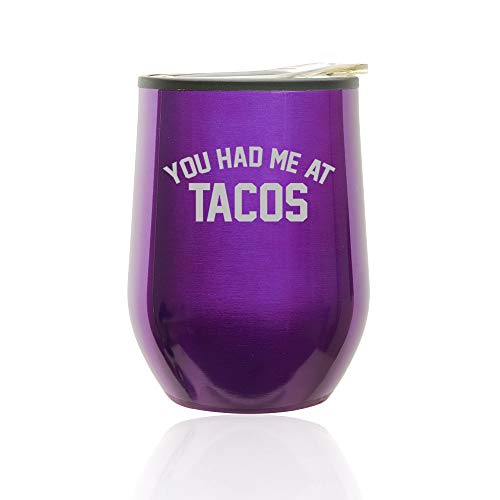 Stemless Wine Tumbler Coffee Travel Mug Glass With Lid You Had Me At TACOS (Royal Purple)