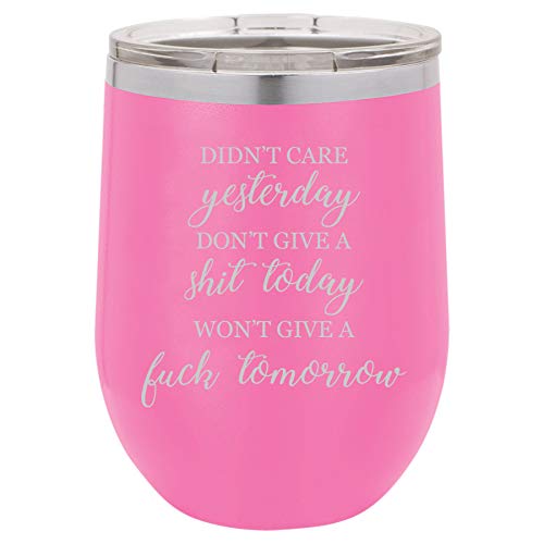 12 oz Double Wall Vacuum Insulated Stainless Steel Stemless Wine Tumbler Glass Coffee Travel Mug With Lid Didn't Care Yesterday Don't Give A Sht Today Won't Give A Fck Tomorrow Funny (Hot Pink)