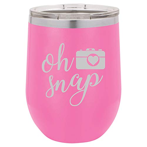 12 oz Double Wall Vacuum Insulated Stainless Steel Stemless Wine Tumbler Glass Coffee Travel Mug With Lid Oh Snap Funny Camera Picture Photographer (Hot Pink)