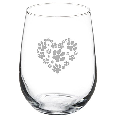 17 oz Stemless Wine Glass Love Animals Heart Paw Prints