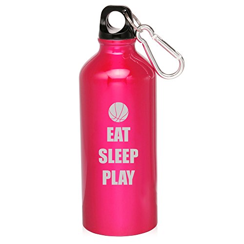 20oz Aluminum Sports Water Bottle Caribiner Clip Eat Sleep Play Basketball (Hot Pink)