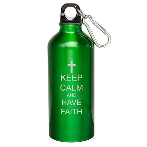 20oz Aluminum Sports Water Bottle Caribiner Clip Keep Calm and Have Faith Cross (Green)