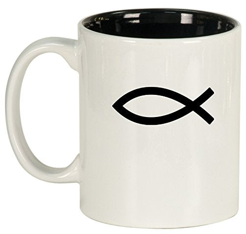 Ceramic Coffee Tea Mug Cup Christian Fish Symbol (White)