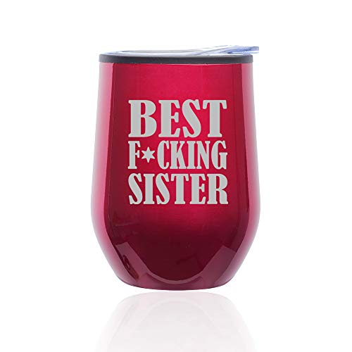 Stemless Wine Tumbler Coffee Travel Mug Glass With Lid Best F ing Sister (Fuchsia)