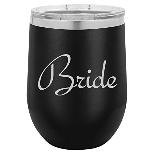 12 oz Double Wall Vacuum Insulated Stainless Steel Stemless Wine Tumbler Glass Coffee Travel Mug With Lid Bride Bachelorette Wedding (Black)