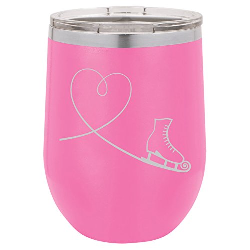 12 oz Double Wall Vacuum Insulated Stainless Steel Stemless Wine Tumbler Glass Coffee Travel Mug With Lid Heart Love Ice Skating (Hot-Pink)