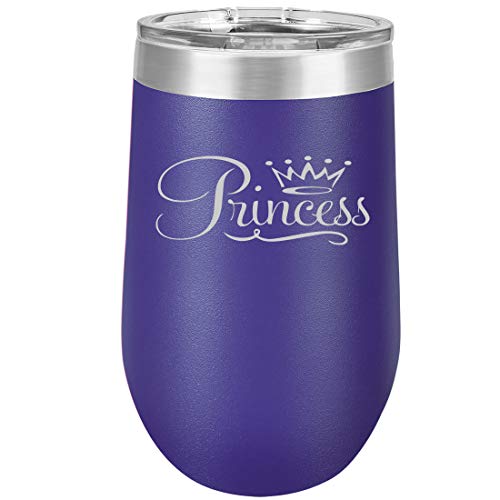 16 oz Double Wall Vacuum Insulated Stainless Steel Stemless Wine Tumbler Glass Coffee Travel Mug With Lid Princess Fancy (Purple)