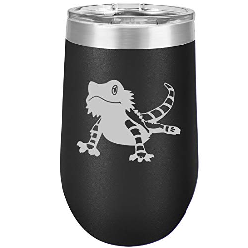 16 oz Double Wall Vacuum Insulated Stainless Steel Stemless Wine Tumbler Glass Coffee Travel Mug With Lid Bearded Dragon Lizard (Black)